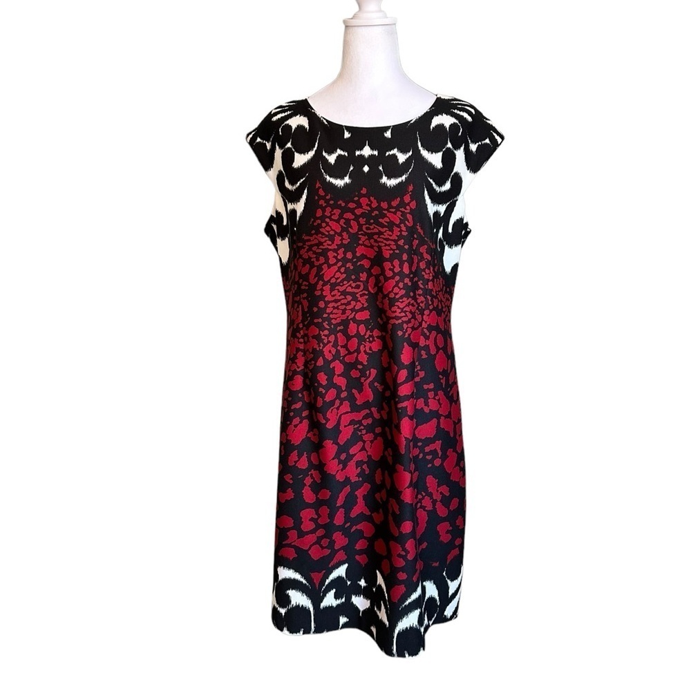 Chicos Sheath Dress Red Black and White Knit Cap Sleeve Size 2.5